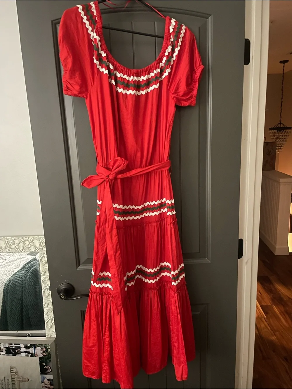 Tory Burch Red Midi Dress with White & green Trim